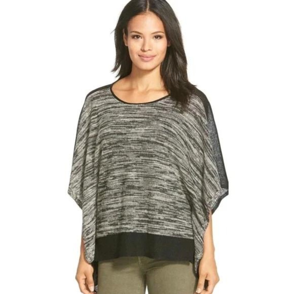 Eileen Fisher Petite Organic Linen Space Dye Knit Poncho Top‎ Black White OS/TU